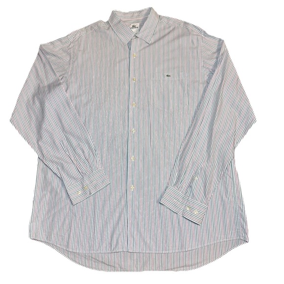 Lacoste Blue Pink Green Striped Shirt Button Down Long Sleeve Cotton Size 45 XL - Picture 1 of 9